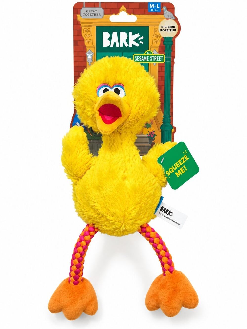 BARK Sesame Street Big Bird Rope Tug Plush Dog Toy Squeaky Crinkle M-L NWT